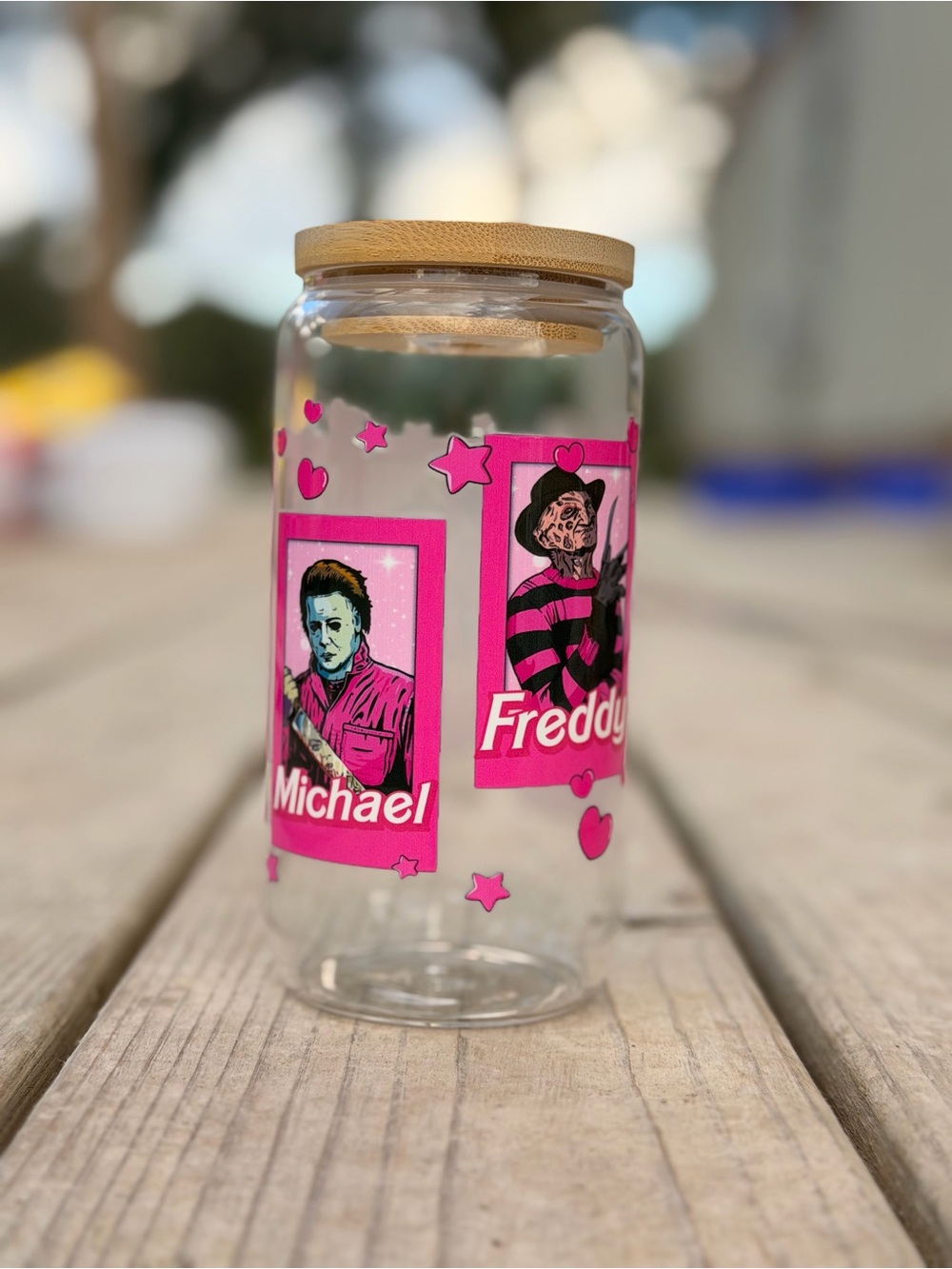 Pink Micheal & Freddy Glass Cup with Bamboo Lid
